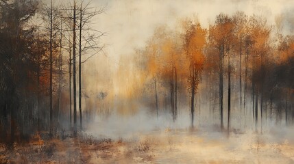 Fototapeta premium Misty autumn forest scene with golden and brown foliage, tall trees, and a hazy atmosphere.