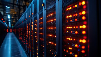 A corridor of server racks illuminated by red and orange lights in a data center.