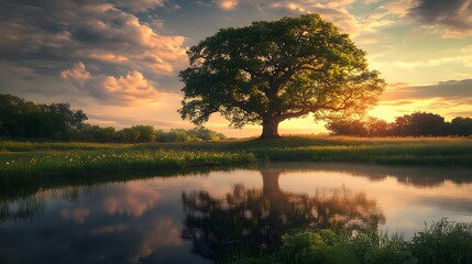 Majestic Oak Tree Reflects In Calm Sunset Waters