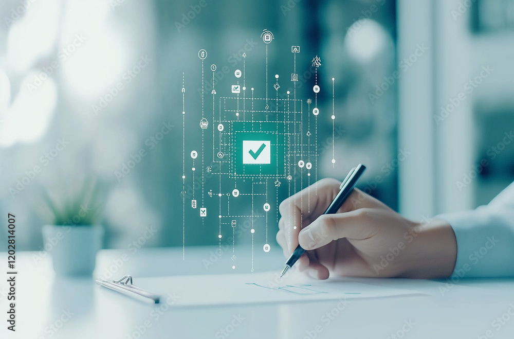 Poster digital signature: a hand with a pen signs a document, while a digital checkmark icon appears above,