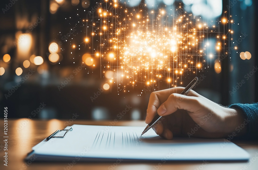 Aufkleber signing a contract: hand signing document with glowing network and data connection background, signi