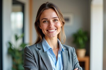 Portrait of a Confident Businesswoman Smiling in Modern Office with Green Plants, Showcasing Professionalism and Approachability