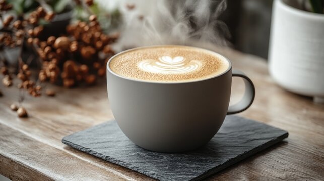Steaming latte art in gray mug on slate.