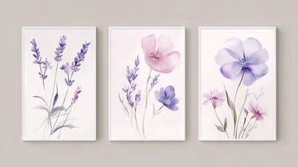 61.Set of three pastel pink and lavender watercolor flowers