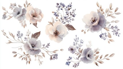 116.A vintage watercolor set featuring elegantly painted lavender stems and blossoms, arranged in graceful clusters and swirls on a pure white background, with soft pastel tones and rustic charm.