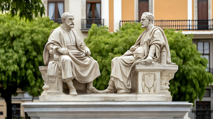 Fototapeta premium Two seated marble statues in a city square, background shows buildings and trees; ideal for history, culture, or art publications