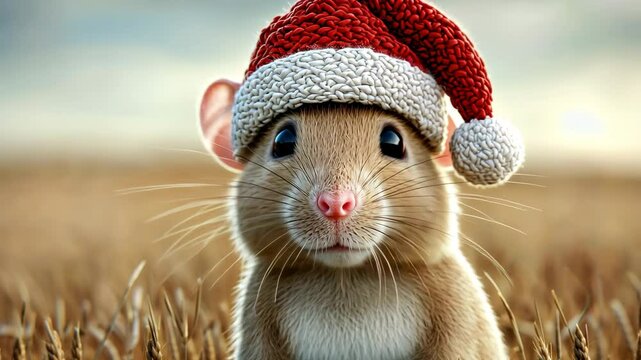 A digital illustration of a pet rat wearing a red and white Christmas hat, created with 3D modeling software, showcasing realistic textures and lighting effects.