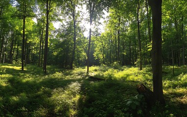 Obraz premium sun shining through trees in a forest
