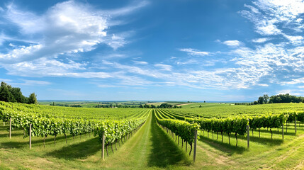 Fototapeta premium Vineyard rows under sunny sky, overlooking rolling hills. Perfect for wine, travel, and agriculture websites
