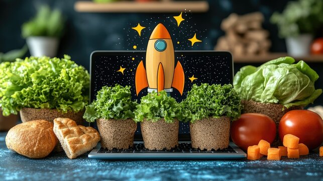 A creative arrangement of plants and a rocket illustration on a laptop, symbolizing growth and innovation.