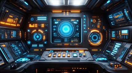 Obraz premium futuristic cybersecurity operation center featuring advanced technology, glowing interfaces, and intricate control panels. vibrant blue and orange lights create high tech atmosphere