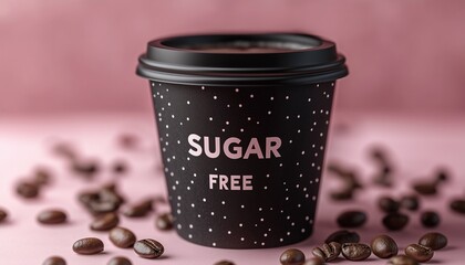 Black paper cup with text label sugar free drink take away for delivery on pink background