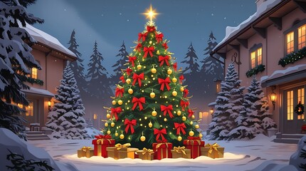 Christmas Tree Elegantly Decorated with Lights and Red Bows Surrounded by Colorful Gifts in a Snowy Evening Scene

