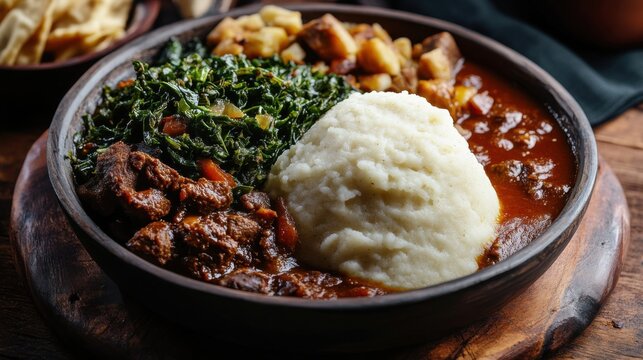 Traditional Kenyan ugali with sukuma wiki and meat stew. Featuring a hearty and flavorful dish. Highlighting the texture and flavors of the ugali. Ideal for food and cultural themes.