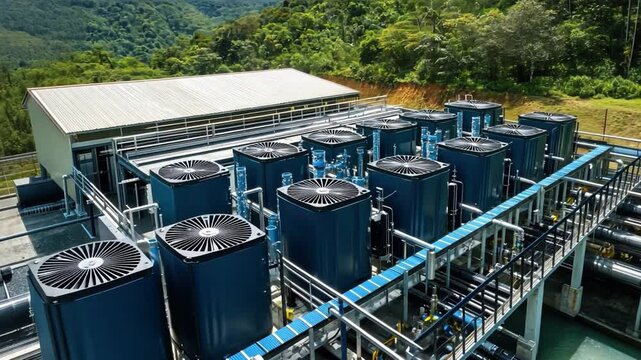 A large industrial building with many black and blue cooling units