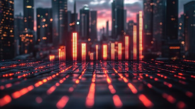 A digital cityscape with glowing bars representing data or sound metrics against an urban backdrop.