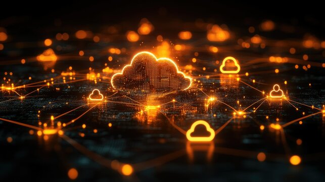 A digital cloud network with glowing cloud icons connected by lines, representing data sharing and storage.