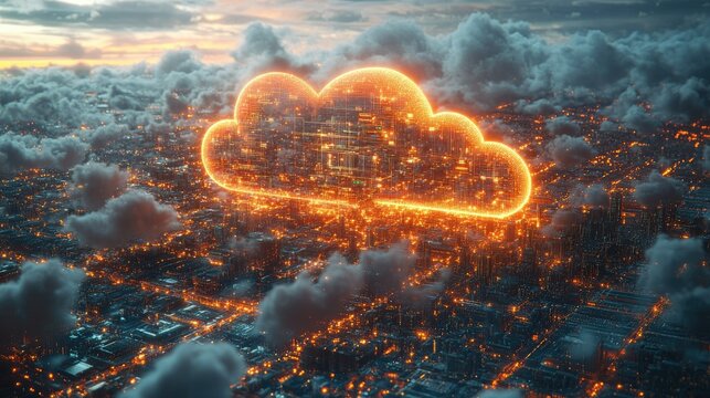 A digital cloud glowing over a cityscape, symbolizing data storage and technology.