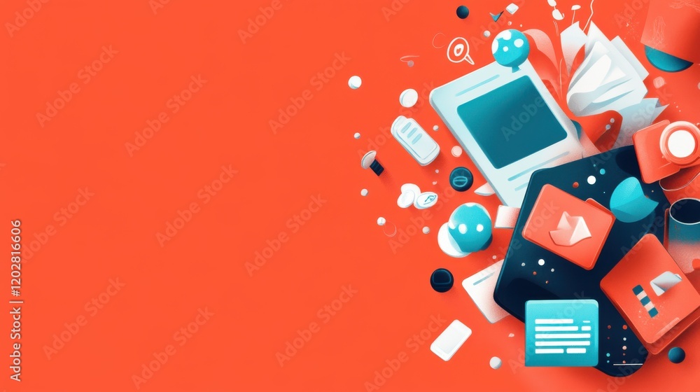 Poster abstract digital collage featuring colorful icons and objects on a vibrant orange background