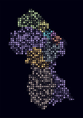 Guyana, shape of the country built of colored cells. Digital style map of Guyana on dark background. Small size square blocks. Trending vector illustration.