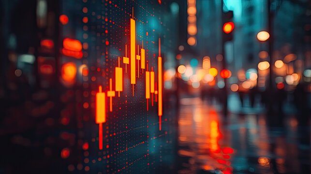 A digital financial chart displayed against a blurred urban backdrop at night.