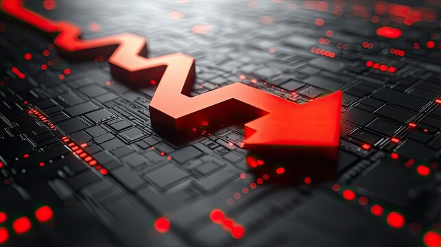 A digital graphic featuring a downward red arrow on a circuit-like background, symbolizing decline.