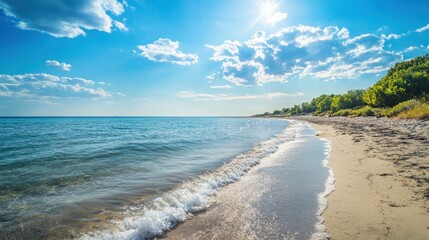 Fototapeta premium beach, sea, sand, ocean, sky, water, coast, waves, summer, landscape, nature, wave, clouds, surf, tropical, shore, island, travel, vacation, seascape, cloud, blue, holiday, sun, sunny
