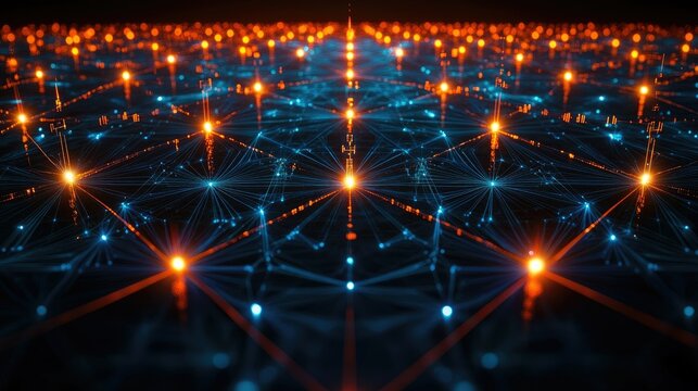 A digital network of interconnected nodes, illuminated in blue and orange, representing data flow.