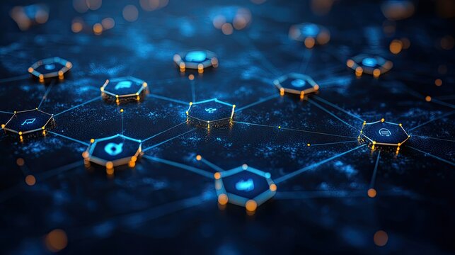 A digital network visualization with glowing hexagons representing connections and data flow.