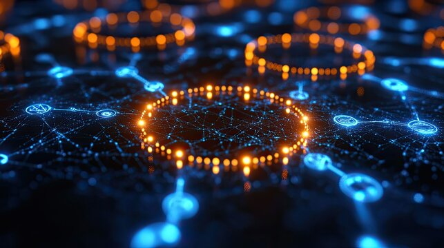 A digital network visualization with glowing nodes and connections, representing data flow and technology.
