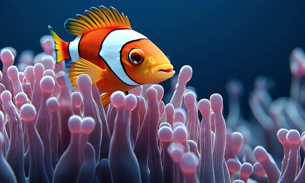 Clownfish in coral, ocean reef background, underwater scene, aquarium