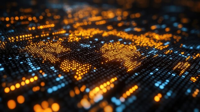 A digital representation of a world map illuminated by glowing data points in blue and orange.