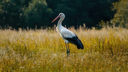 Fototapeta premium Stork standing in a grassy meadow with its long legs and beak.