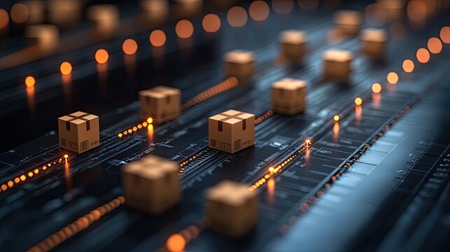 A digital scene featuring small boxes on a circuit-like surface, symbolizing logistics and technology.