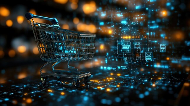 A digital shopping cart amidst glowing data, symbolizing e-commerce and technology integration.