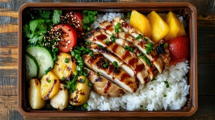 A top view of a Japanese bento box with rice, sliced fruits, grilled chicken, and roasted vegetables.