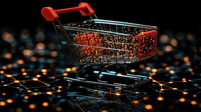 A digital shopping cart illuminated by glowing particles on a dark background.