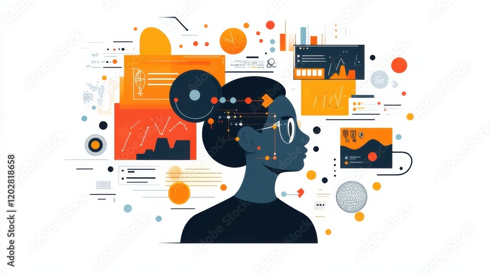 Poster abstract representation of data analysis with a woman?s silhouette surrounded by charts and icons