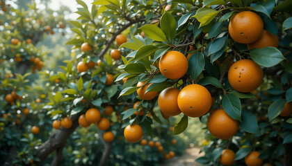 Ripe Oranges on Lush Tree Branches in Orchard