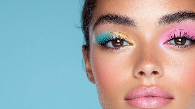 Woman, colorful makeup, pastel eye shadow, beauty, studio shot, blue background, cosmetics advertisement
