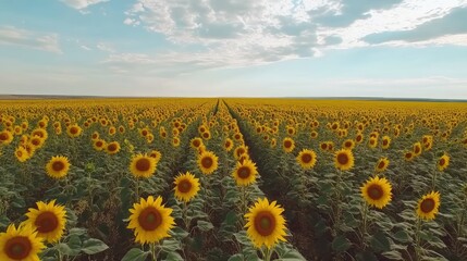Obraz premium A vast sunflower field stretching into the distance, with vibrant yellow blooms under a cloudy blue sky.