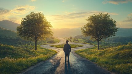 Fototapeta premium Man at a crossroads with a tree on each path, symbolizing life choices