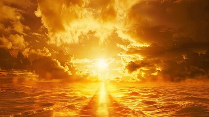 Obraz premium A long road disappearing into the horizon under a golden sunrise, symbolizing the future.