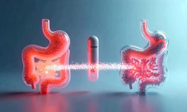 A sleek 3D model of fecal microbiota transplantation (FMT) showing glowing microbiota flowing between a donor and recipient via a futuristic capsule, set on a gradient background.
