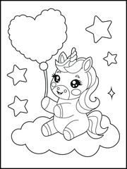 Illustration of a cute baby unicorn cartoon character. Black and white Printable Unicorn coloring page for kids.