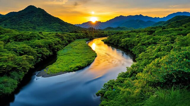 A sinuous river, illuminated by the moonlight, weaves its way through a thick, lush forest