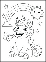 Illustration of a cute baby unicorn cartoon character. Black and white Printable Unicorn coloring page for kids.
