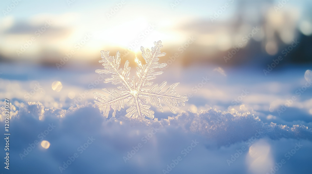 Poster a close-up of a snowflake on fresh, pristine white snow with the sun's rays creating beautiful light
