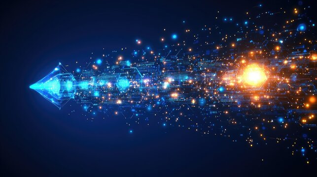 A dynamic representation of data flow with glowing particles and an arrow, symbolizing speed and technology.