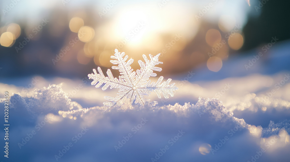 Poster a close-up of a snowflake on fresh, pristine white snow with the sun's rays creating beautiful light